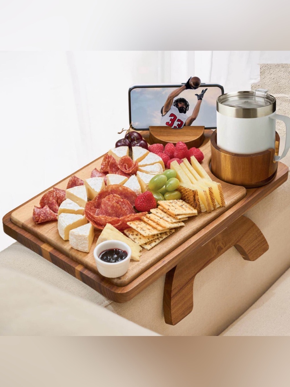 4-in-1 Wooden Sofa Arm Table with 360° Rotating Stand, Cup Holder & Cheese Board